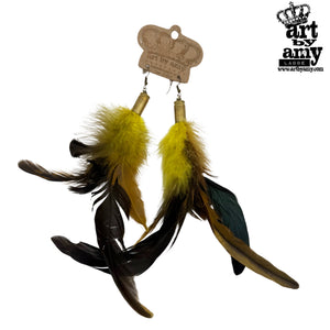 Feather earrings with a 'Art by Amy' tag on a white background