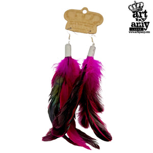 Feather Ear Ring with pink and black feathers on a white background, branded 'Art by Amy'.